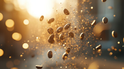 Espresso bean dust particles flying mid air with warm golden light and bokeh effect creating dynamic and crisp sharp image full of energy and texture