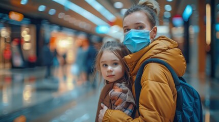 Obraz premium Family with kids wearing face masks in a shopping mall or airport during coronavirus and flu season