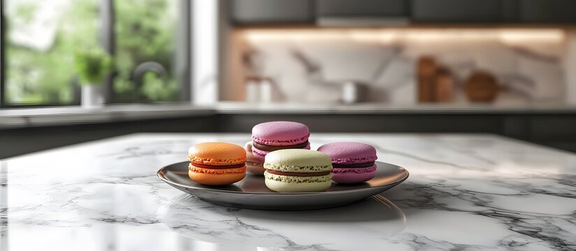 Several colorful macarons on a plate in a modern kitchen - Powered by Adobe