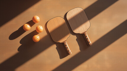 Two pickleball paddles and balls arranged neatly on wood, bathed in warm sunlight. A simple, balanced composition for leisure and sport.