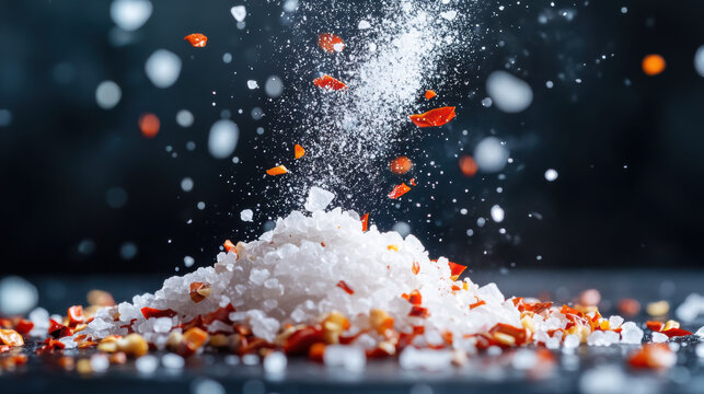 Sea salt and chili flakes falling in burst over rustic surface, creating dynamic culinary scene with coarse texture and vibrant red spice pieces