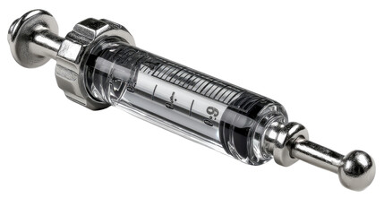 Medical Syringe: A close-up shot of a medical syringe, highlighting its intricate details and sterile design.  The syringe is made of clear glass with metallic components.