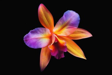 Fototapeta premium Vibrant orchid flower in shades of orange and purple against a dark background