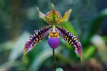 Vibrant purple and yellow orchid blooming in a tropical garden under natural light
