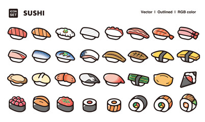 Sushi illustration icon set.Simple vector outlines, clipart for graphic design.