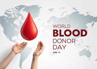 Medical Illustration Featuring a World Map, Blood Drop, and Hand Raising a Red Awareness Ribbon with Typography Text "WORLD BLOOD DONOR DAY JUNE 14" Symbolizing Global Health, Donation Awareness, and 