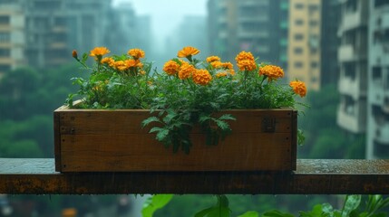 Wooden planter box with marigold flowers on a rainy balcony