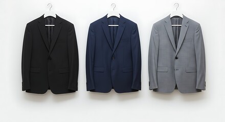 Suits Hanging on White Wall Black, Navy, and Gray Suit Jackets
