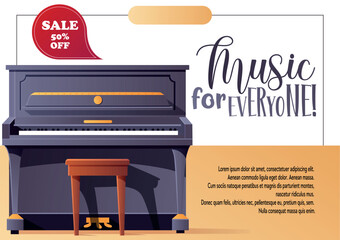 Vector poster with upright piano and music-themed sale label. Perfect for promotions, educational materials, or school campaign graphics.