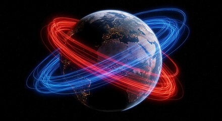 Planet Earth with Red and Blue Orbits