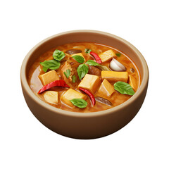 Vibrant illustration of a curry soup, featuring tofu, spices, and herbs, served in a rustic bowl.  The dish looks hearty and flavorful.
