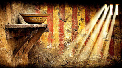 Ancient ceramic bowl rustic wooden shelf with sunlight beams through small window casting long soft shadows textured cracked wall with red and yellow vertical stripes creating dramatic stillness