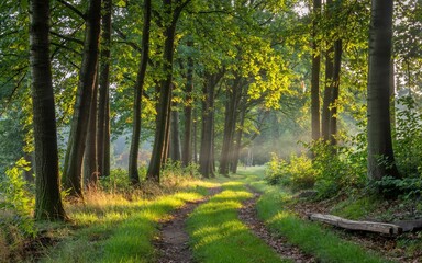 Fototapeta premium Autumn Bavaria, Germany, Sunlit Forest Path at Dawn