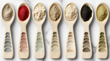 Wooden spoons with various colorful powdered spices arranged in row on white marble surface, creating natural and organic kitchen scene