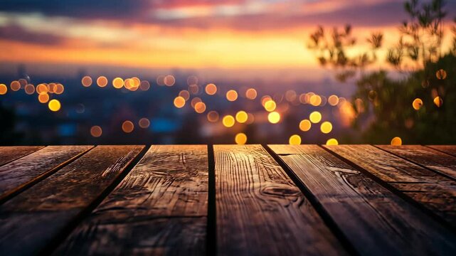 Wooden planks at sunset overlooking a blurred city lightscape