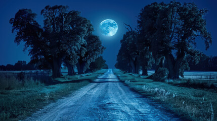 Fototapeta premium Haunted forest path with gnarled trees and bright full moon illuminating quiet rural road at night, creating mysterious and eerie scene