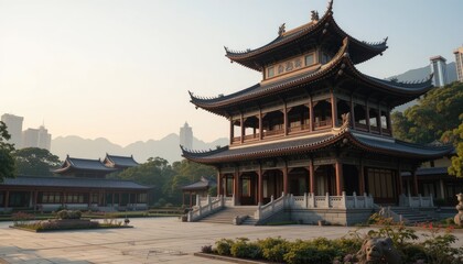 Fototapeta premium Serene Dawn at the Ancient Chinese Temple, Hong Kong