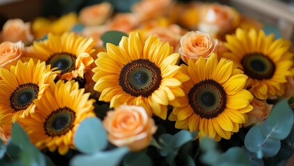 Fototapeta premium Vibrant floral arrangement sunflowers and roses
