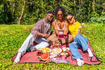 Friends taking selfie while enjoying picnic in park