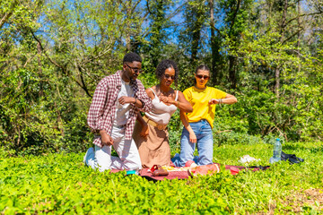 Friends enjoying a picnic and elbow bumping in the park