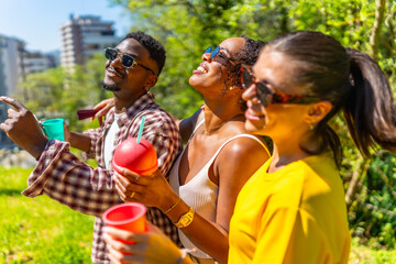 Fototapeta premium Friends enjoying drinks and pointing at something in a park