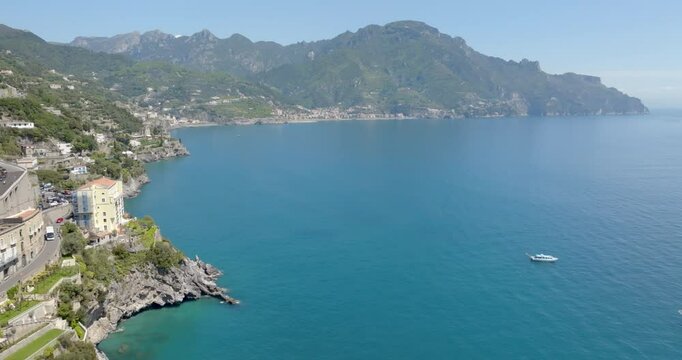 Aerial view of the Amalfi Coast, in the province of Salerno, Campania, Italy. This coastal panorama is one of the most beautiful and touristic on the Italian peninsula. 