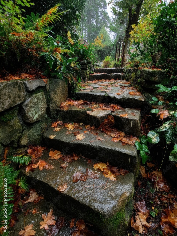 Poster cascading leaves adorn stone steps in a tranquil garden during light rain generative ai
