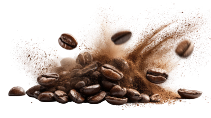 Dynamic Explosion Splash of Coffee Beans with Ground Coffee on Transparent Background

