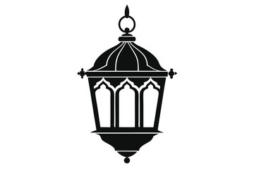The black silhouette of a hanging, ornate, Islamic lantern showcases its simple yet detailed form