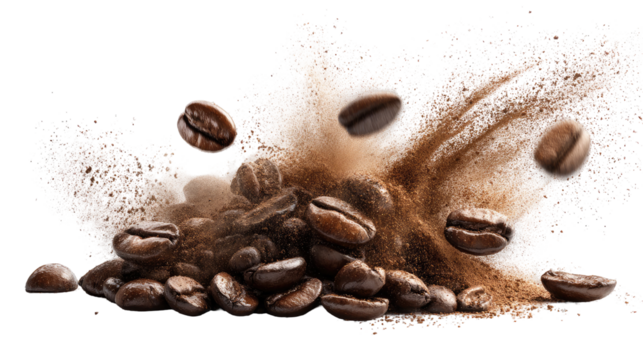 Dynamic Explosion Splash of Coffee Beans with Ground Coffee on Transparent Background

