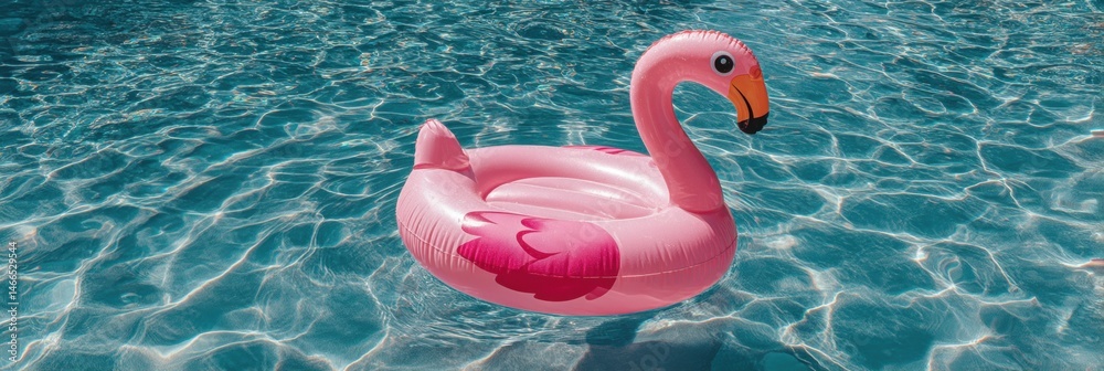 Poster pink flamingo float gently bobbing on a clear blue swimming pool under bright sunlight generative ai