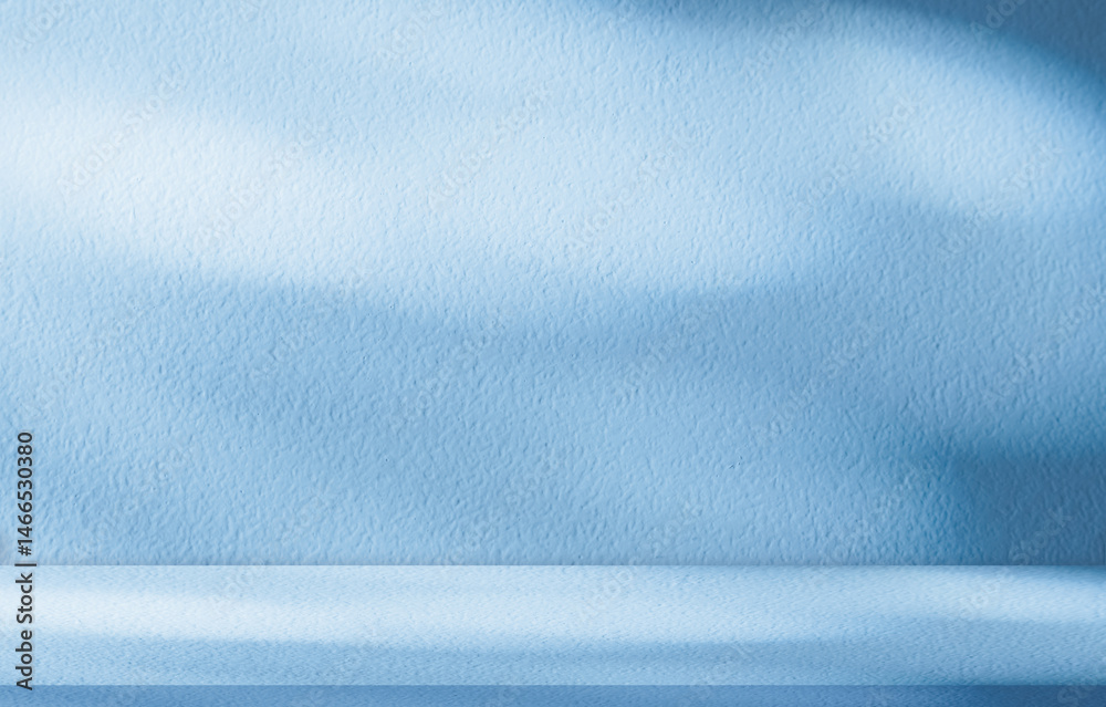 Aufkleber Blue Background Studio with Gradient White Light on Podium stage for Product Display Present,Empty Backdrop wall texture with abstract sun light on floor concrete in pastel blue tone color for Winter.