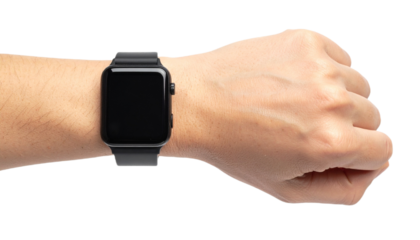 Smart watch mounted on the wrist, isolated on transparent background