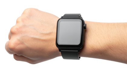 Smart watch mounted on the wrist, isolated on transparent background