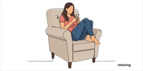Girl relaxing on the armchair and using her smartphone continuous single line art drawing sketch on white background