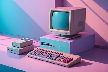 Retro Pastel Vintage Computer Setup – Aesthetic Tech Scene in Blue, Pink & Purple