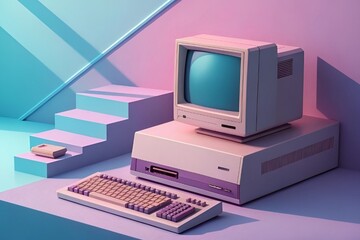 Retro Pastel Vintage Computer Setup – Aesthetic Tech Scene in Blue, Pink & Purple