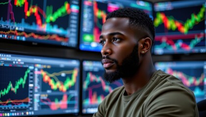 Obraz premium Stock market analysis trader observing data trends financial office digital screens professional environment close-up perspective