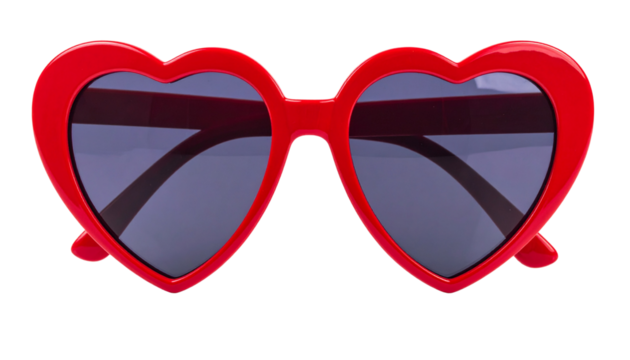 Stylish heart-shaped sunglasses with bold red frames, symbolizing love and playful fashion, isolated on a solid white background