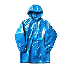 A vivid blue raincoat shines under studio lights against a black backdrop