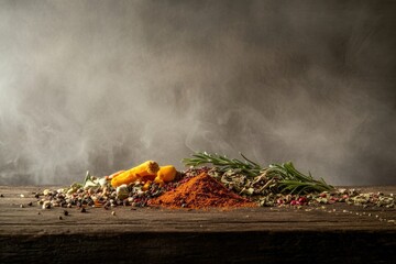Aromatic blend of spices and herbs on rustic wooden table with smoky background.