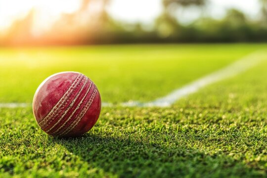 A cricket ball resting on a lush green field near a white line with sunlight in the background