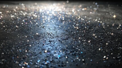 Obraz premium Cosmic Glitter: A close-up shot of a dark, glittering surface with a bright beam of light illuminating the texture, resembling a distant galaxy with twinkling stars.