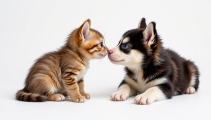 Obraz premium Playful kitten and puppy interaction studio animal photography white background close-up friendship concept
