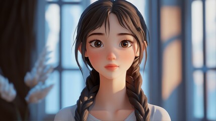 Animated Girl with Braids and a Gentle Smile Radiating Happiness in a Warm Home Setting