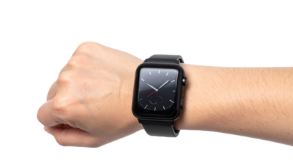 Smart watch mounted on the wrist, isolated on transparent background