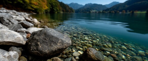 Crystal-clear lake shore with rocks