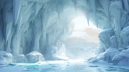 Arctic Ice Cave Grotto with Frozen Water and Sunlight Beaming Through the Entrance Way Design