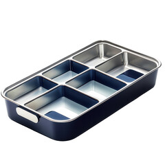 Blue metal compartment box with silver interior set on a black background