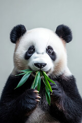 Naklejka premium Adorable panda chewing bamboo close-up